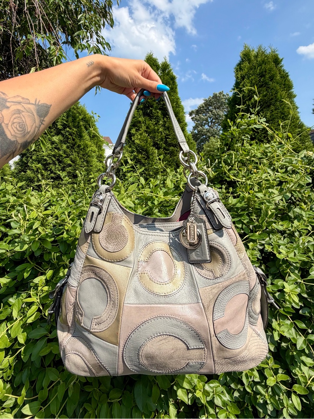 Vintage Coach Madison Maggie Mia Op Art Patchwork Suede Leather Grey Blue Purse